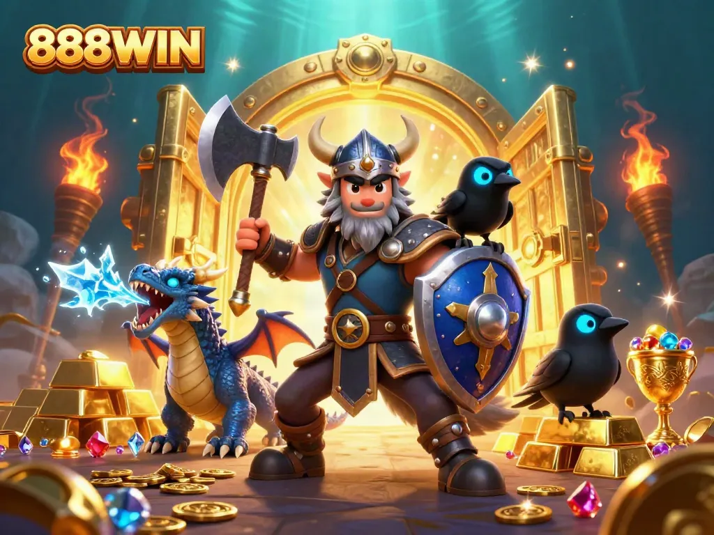 Experience 888WIN's adventurous spirit with a Viking warrior, dragon, and treasure-filled scene.