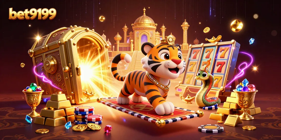 Bet9199 features a vibrant 3D scene with a sultan and treasure, emphasizing online gaming excitement.