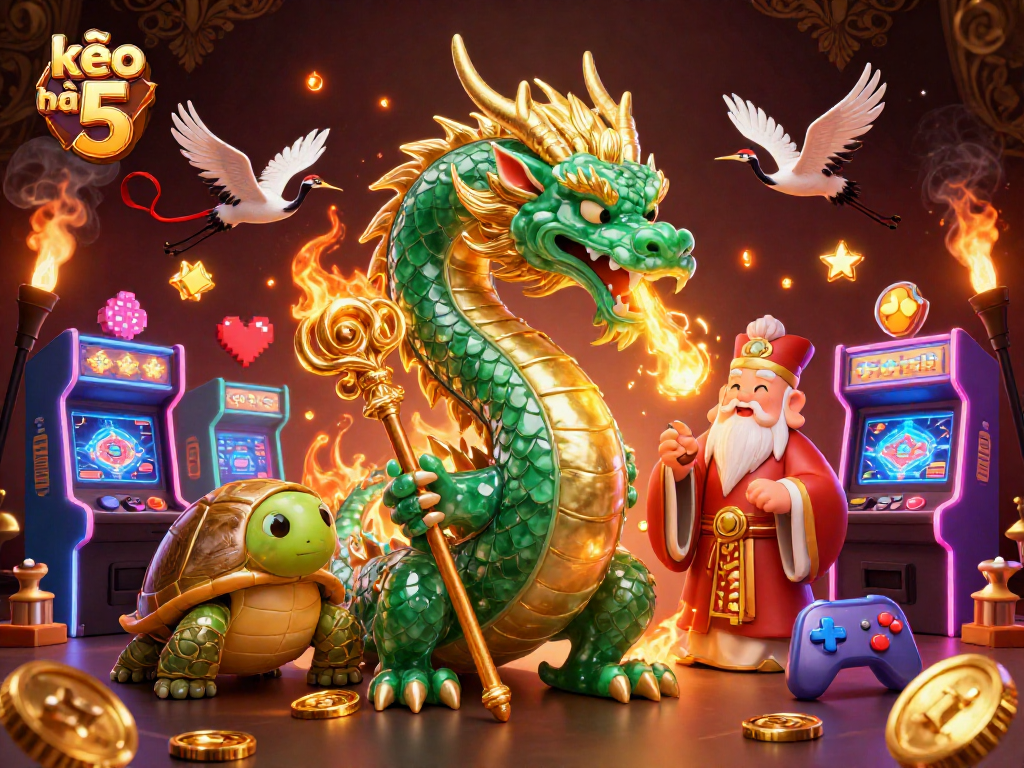 Engage with kèo nhà cái 5 through this vibrant digital illustration showcasing a jade dragon and gaming elements.