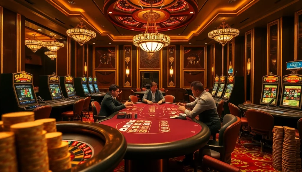 Players enjoy exhilarating poker action at a go8 casino, surrounded by vibrant slot machines and roulette wheels.