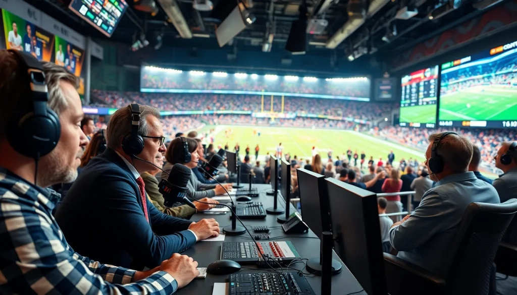 Engaging scene of sports broadcasting with professional hosts in a dynamic studio setting.