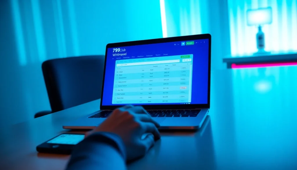 Hướng Dẫn Chi Tiết Các Bước Rút Tiền 789Club displayed on a laptop while a user interacts with digital banking.