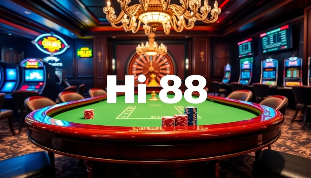 Engaging scene of gamblers playing at Hi88 casino tables with vibrant poker chips and slot machines.