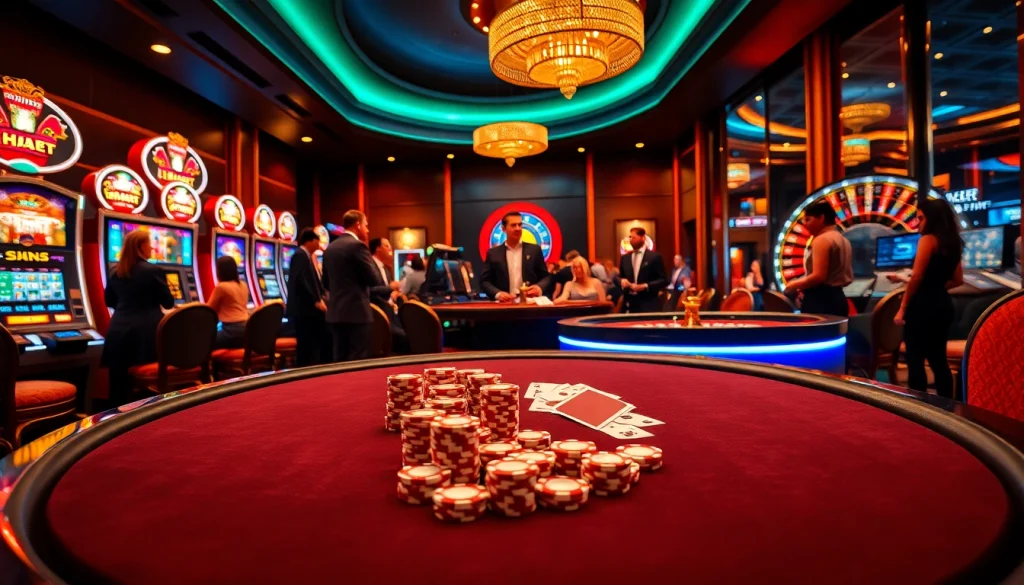 THABET casino scene with poker chips and card games, highlighting high-stakes excitement.