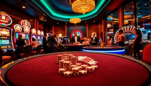 THABET casino scene with poker chips and card games, highlighting high-stakes excitement.