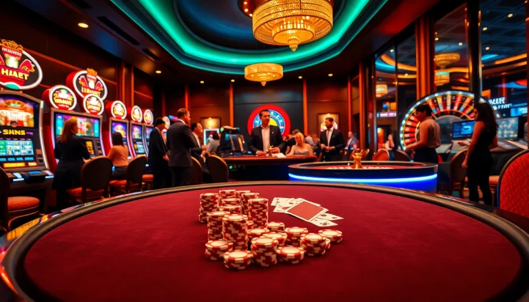 THABET casino scene with poker chips and card games, highlighting high-stakes excitement.