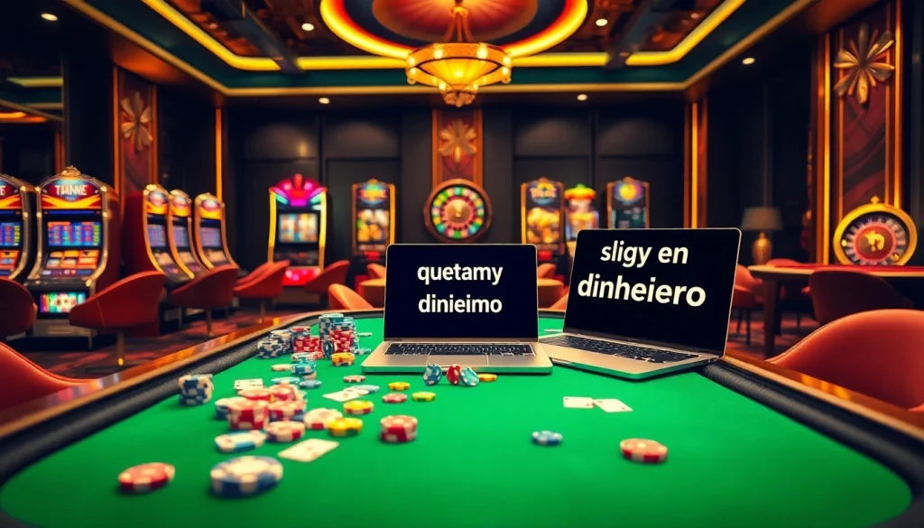 Cena envolvente de jogos de azar online com elementos luxuosos que destacam a emoção de jogos online que pagam dinheiro.