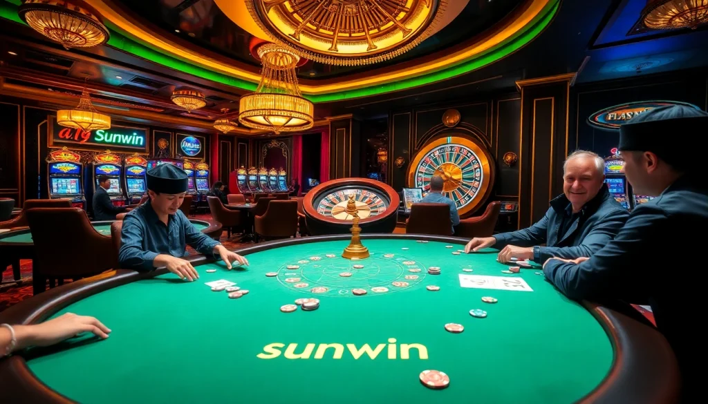 Experience thrilling casino action at sunwin's poker and roulette tables, featuring vibrant colors and luxury.