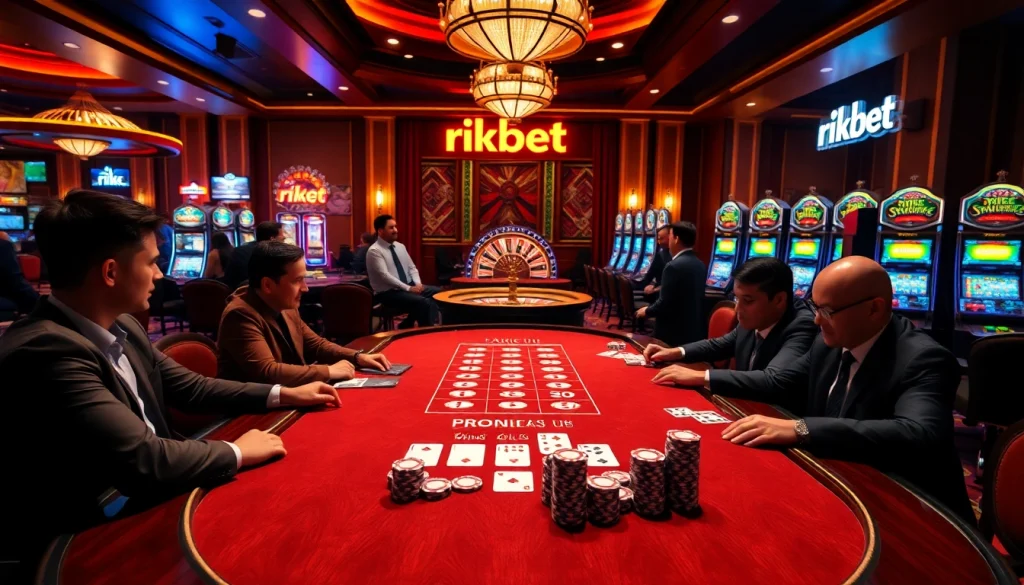 Players enjoying a thrilling poker night at rikbet's luxurious casino.