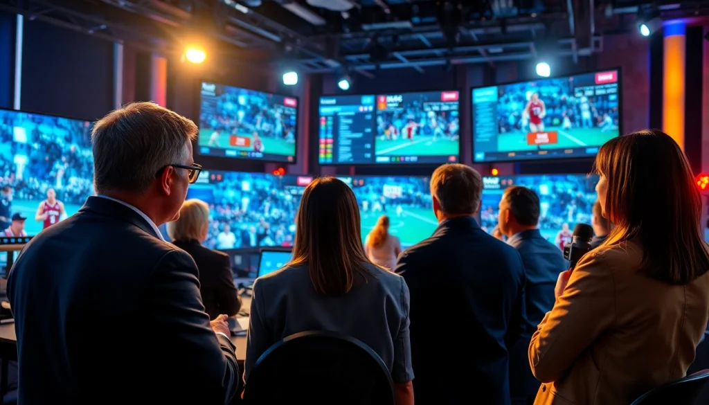 Dynamic professionals engaged in sports broadcasting analysis in a vibrant studio.