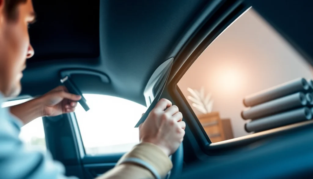 Applying window tint Chattanooga with precision in a bright car interior.
