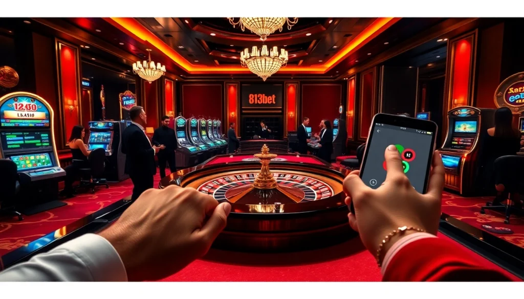 Experience thrilling gameplay at 813bet with a luxurious casino environment showcasing roulette and excited players.