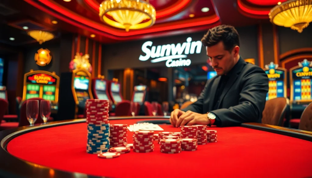 Action at Sunwin Casino featuring a poker table and vibrant slot machines.