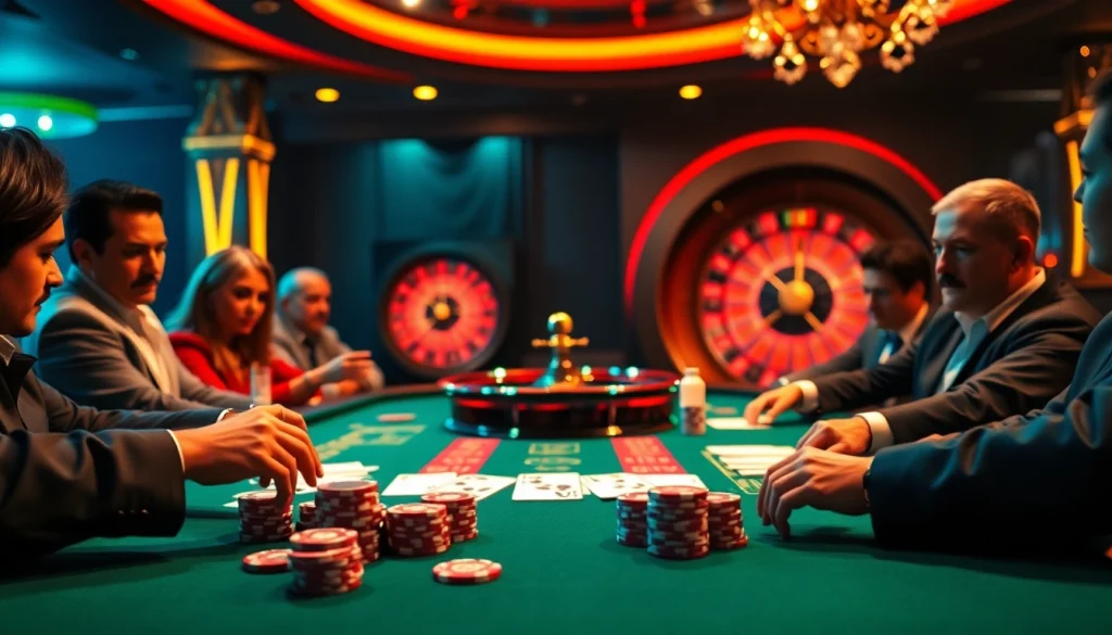 Cena de cassino empolgante com uma mesa de pôquer e decoração temática 69Y vibrante.