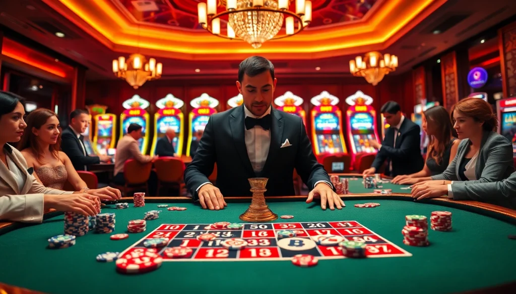 Players engaging in an exciting casino atmosphere, highlighting rikbet-themed gaming tables and vibrant slot machines.