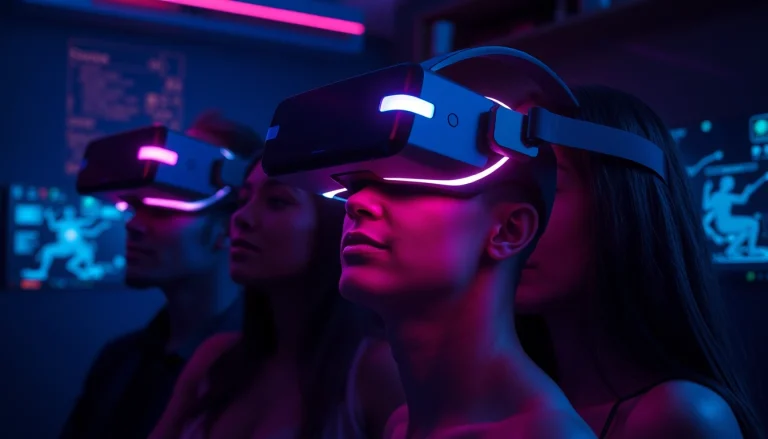 Engaging individuals experiencing ai porn in a futuristic VR environment with immersive technology.