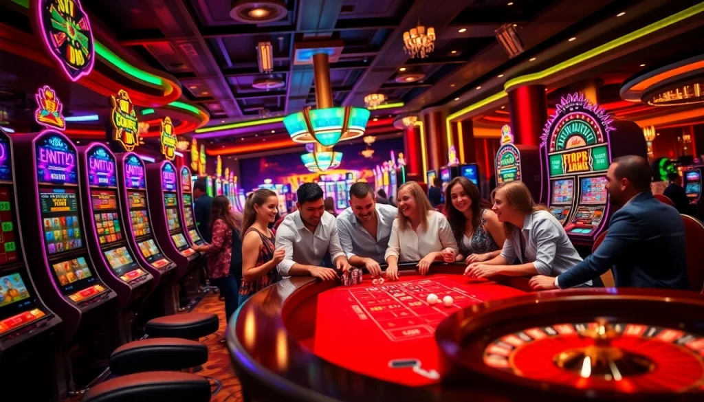 Jogadores aproveitando a experiência do cassino 59A com máquinas caça-níqueis vibrantes e mesas de roleta.