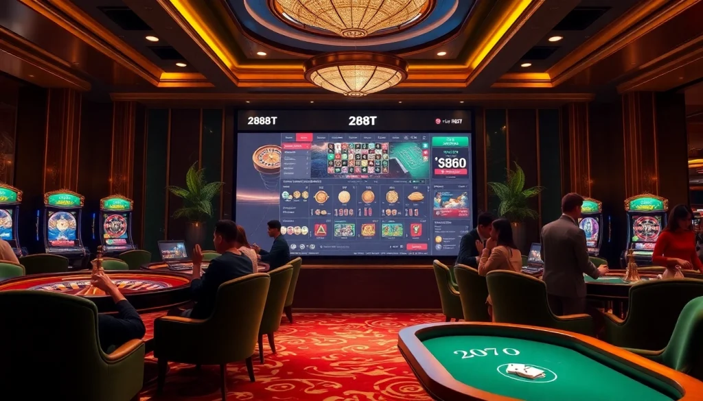 Players engaging with the exciting games on the 288T online gambling platform, showcasing a luxurious casino vibe.
