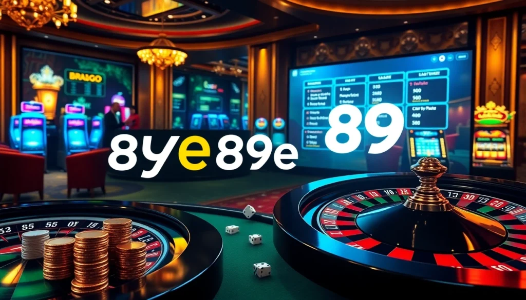 Cena envolvente de jogos de azar online com o logo 89e, apresentando emoção de roleta, caça-níqueis e pôquer.