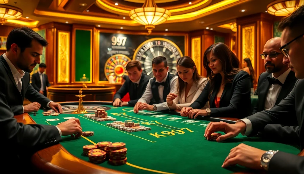 Cena de mesa de poker K997 com jogadores aproveitando ações de alto risco e ambiente vibrante de cassino.