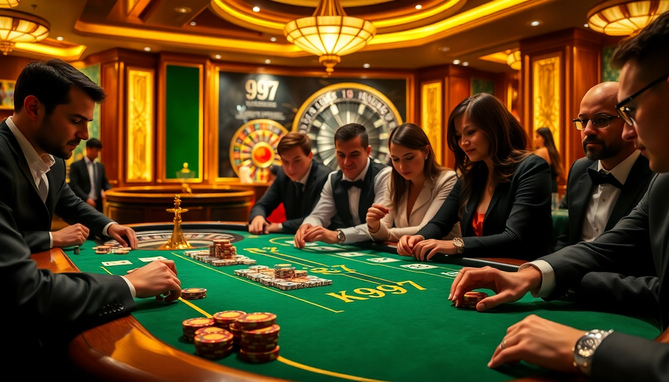 Cena de mesa de poker K997 com jogadores aproveitando ações de alto risco e ambiente vibrante de cassino.