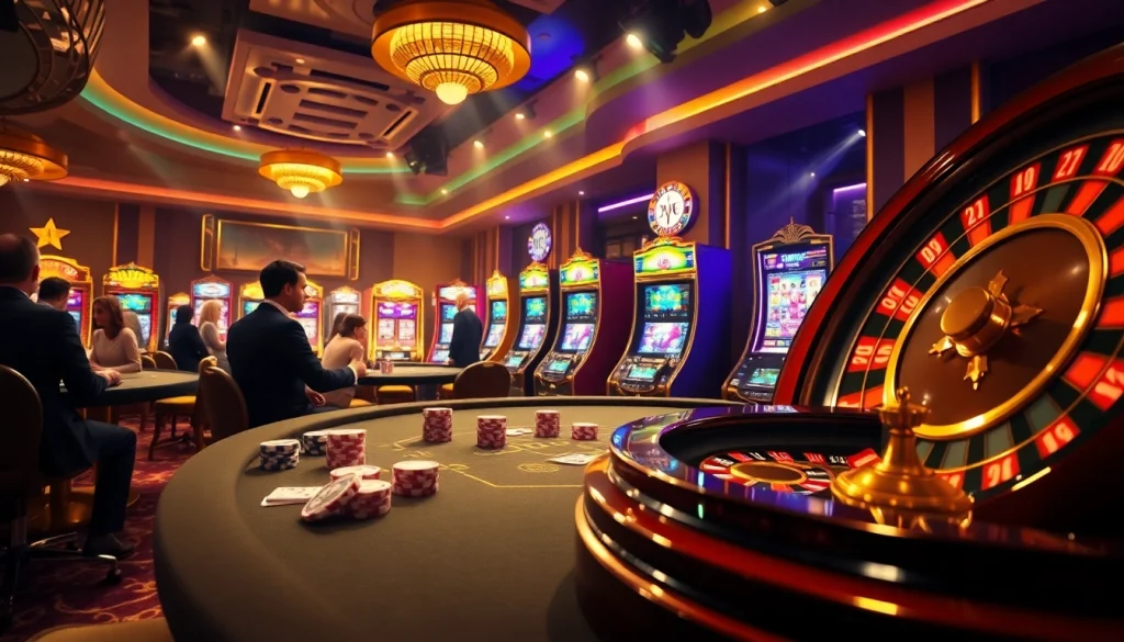 Jogadores da C333 aproveitando jogos de mesa imersivos e máquinas caça-níqueis vibrantes em uma atmosfera luxuosa de cassino.