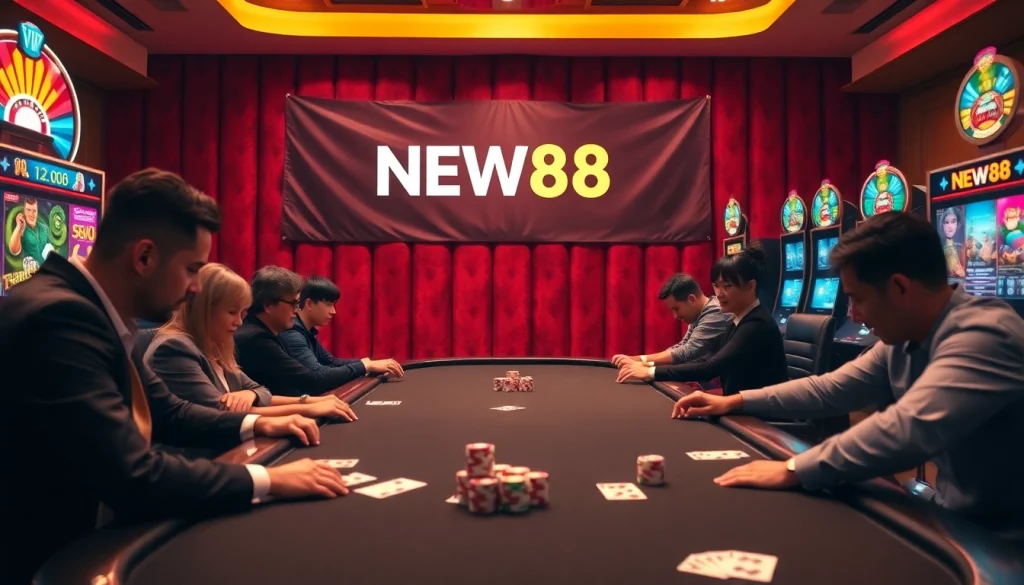 Experience thrilling gameplay at NEW88 with vibrant casino tables and colorful slot machines.