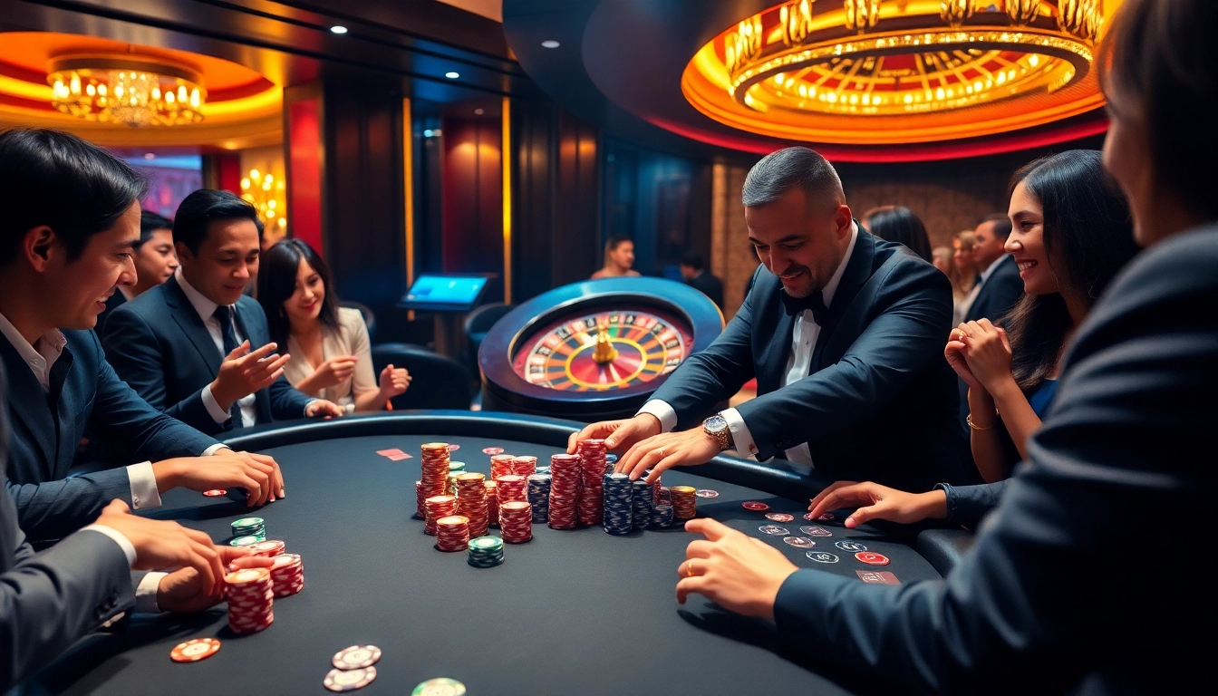 Exciting gambling scene at https://thabets.it.com/ featuring a live poker game with a dealer and vibrant players.