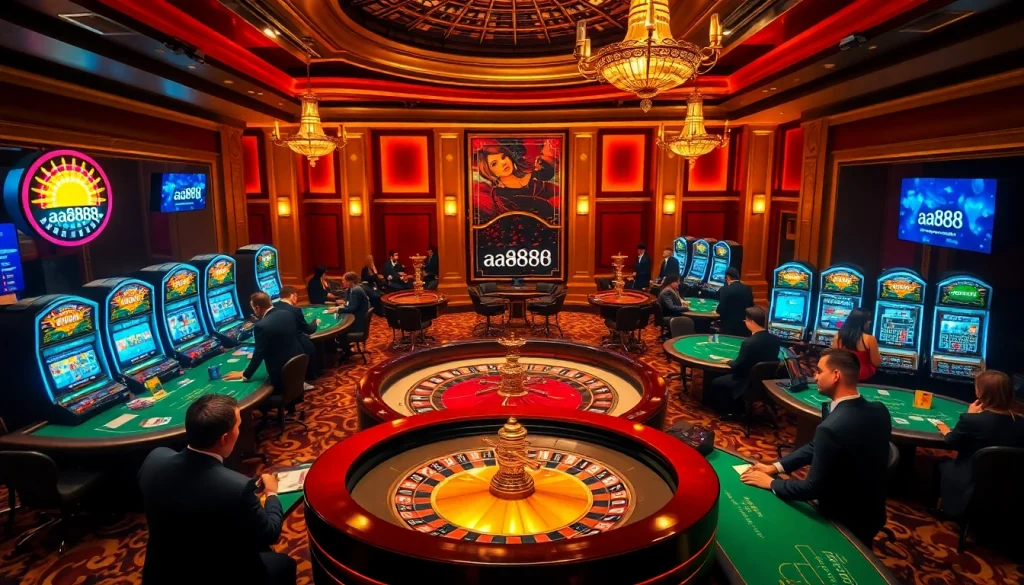 Jogadores de cassino aproveitando diversos jogos em mesas luxuosas, com máquinas caça-níqueis vibrantes e o tema aa888 presente.