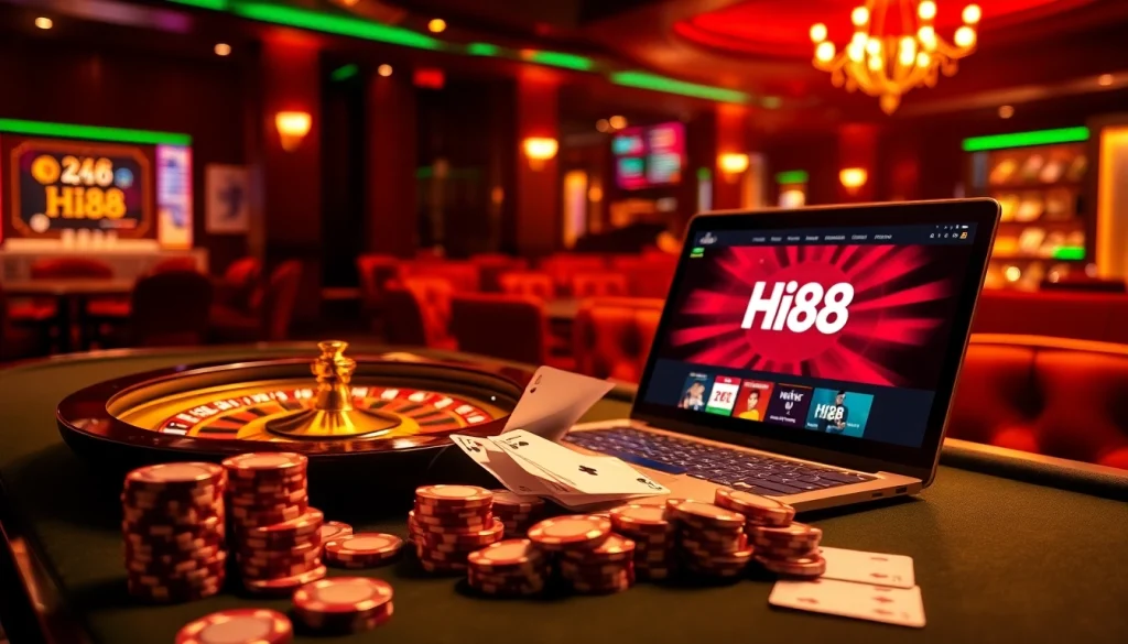 Experience the excitement of Hi88 with vibrant casino elements including chips and cards.