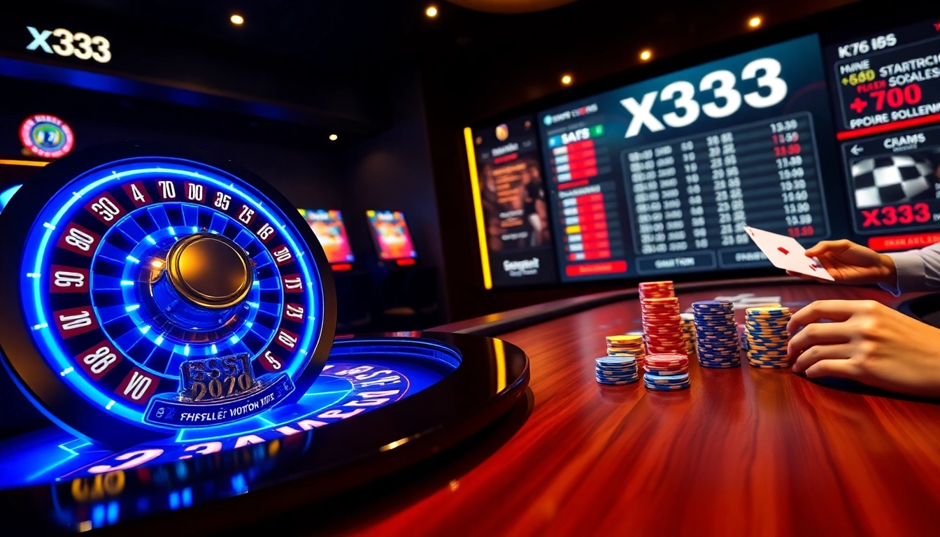 Engaging x333 online casino scene with vibrant slot machines, poker chips, and roulette wheel action