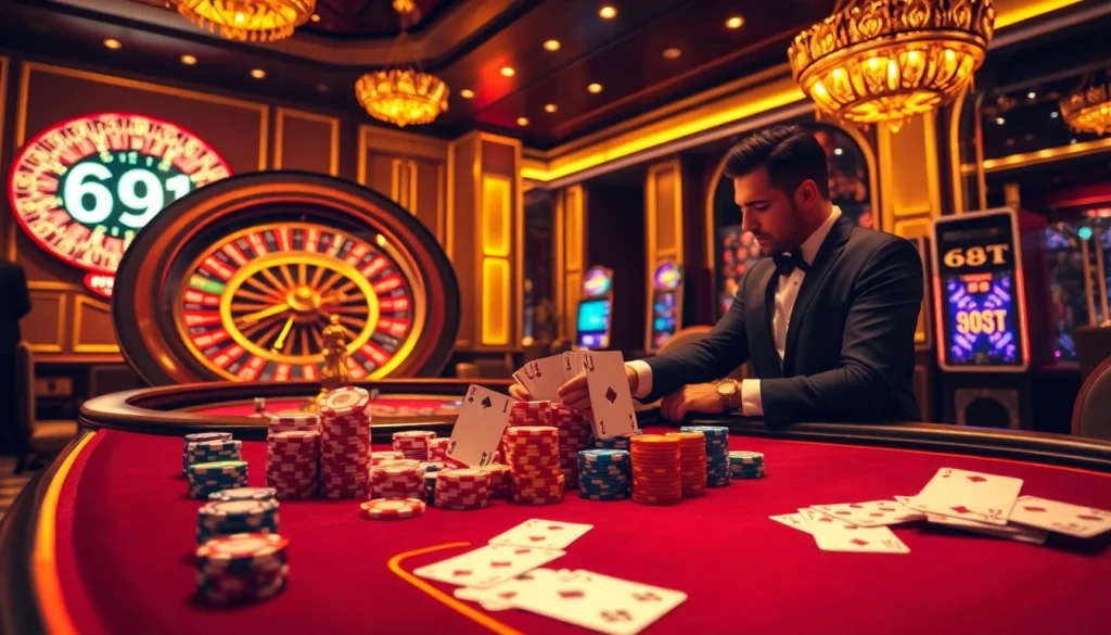 Experimente a emoção de apostar com fichas e cartas 69T em uma mesa de cassino luxuosa.