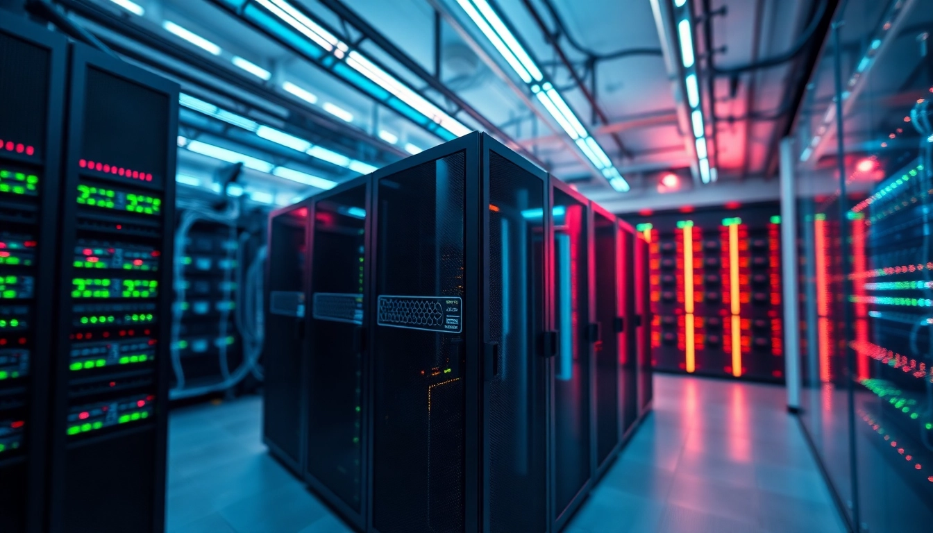 Showcasing adult web hosting servers with sophisticated technology and vibrant lighting.