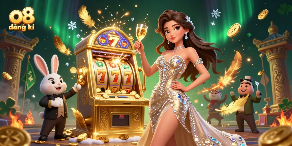 Engage with o8 đăng ký at the vibrant online casino featuring a glamorous scene with slots and fun elements.