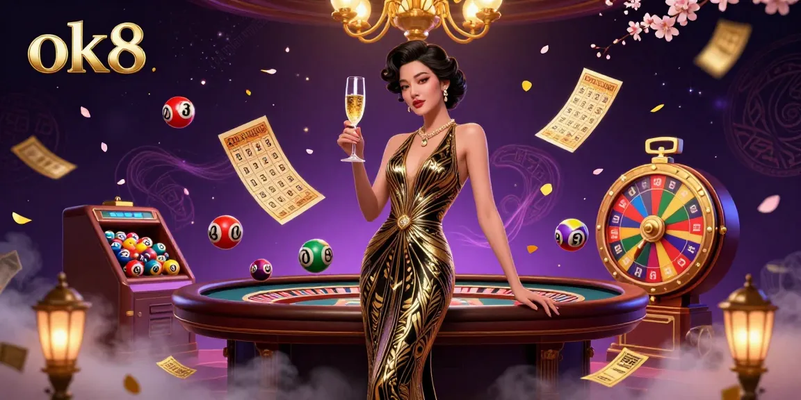 Engage in thrilling gaming with ok8, featuring vibrant lottery elements and a glamorous casino setting.