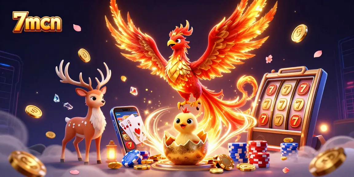 Experience the thrill of 7mcn with a vibrant casino illustration featuring a phoenix, coins, and slot machines.