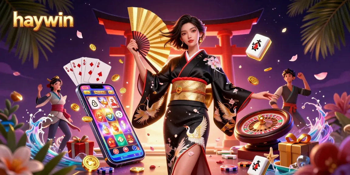 Experience the thrill of gaming at haywin with a captivating Asian woman holding a fan in a vibrant scene.