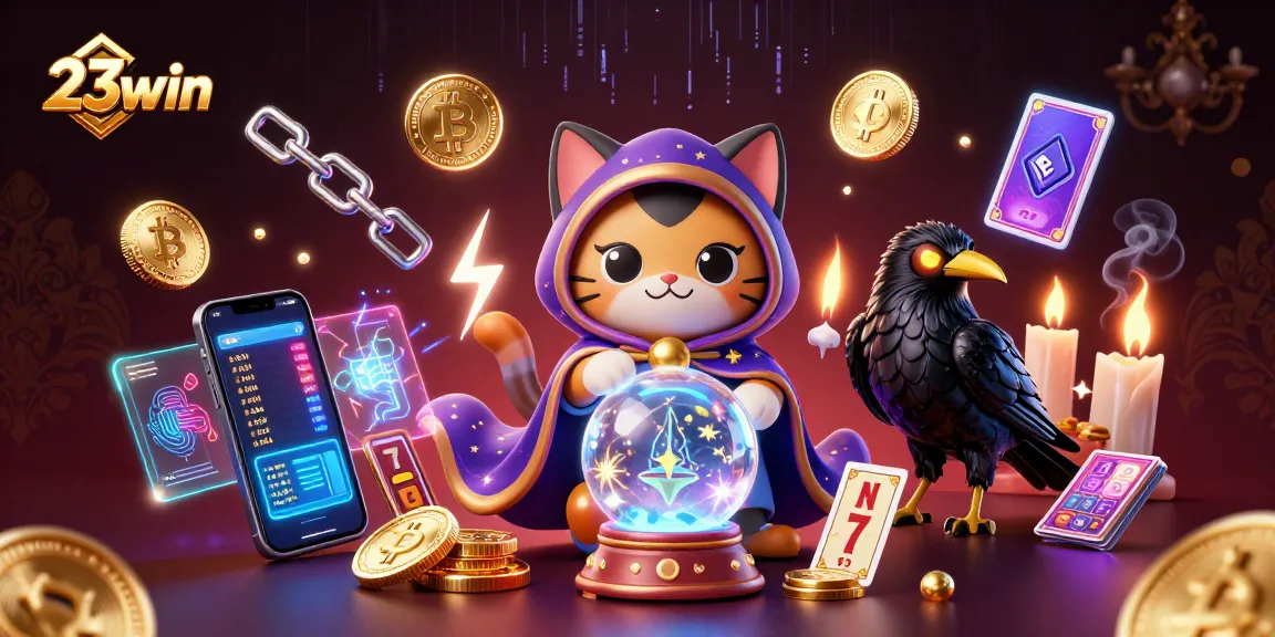 23win captures the excitement of online slots with a mystical cat, raven, and glowing coins.