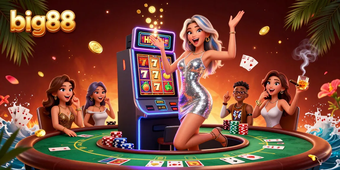 big88 slot machine winning scene with excited woman, vibrant casino atmosphere and golden coins
