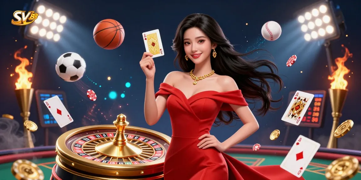 Engaging scene showcasing SV88 with beautiful Asian woman elegantly presenting a golden playing card amid dynamic sports elements and casino action.