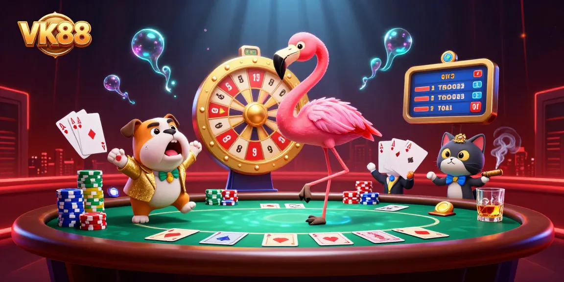 VK88 promotional casino illustration showcasing a game show host, excited bulldog, and prize elements.