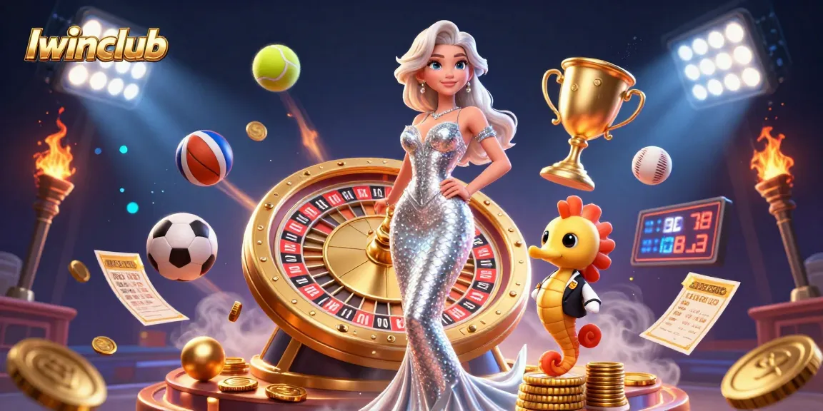 Iwinclub promotes exciting gameplay with a stunning woman by a golden roulette wheel, showcasing vibrant gambling elements.
