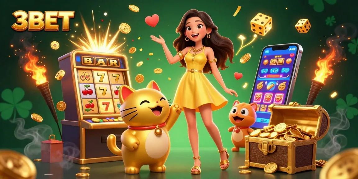 Experience the excitement of 3BET with a joyful Asian woman and a lucky cat amidst casino games.