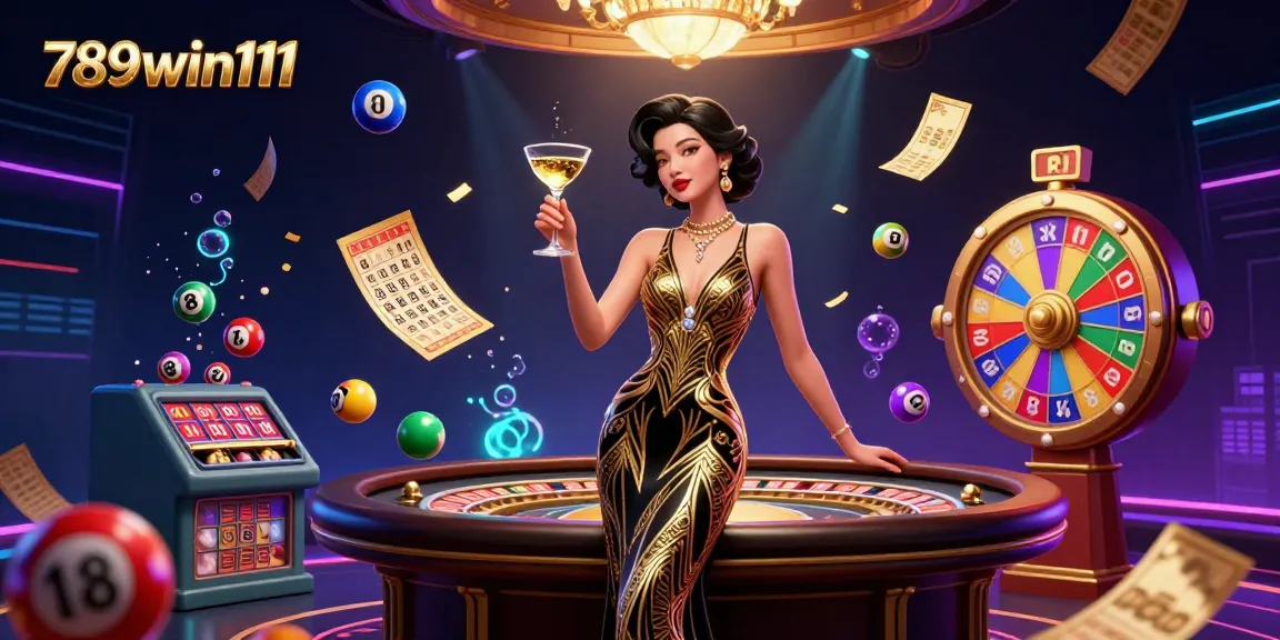 Experience the thrill of winning at 789win111 with a glamorous casino illustration featuring dynamic lottery elements.