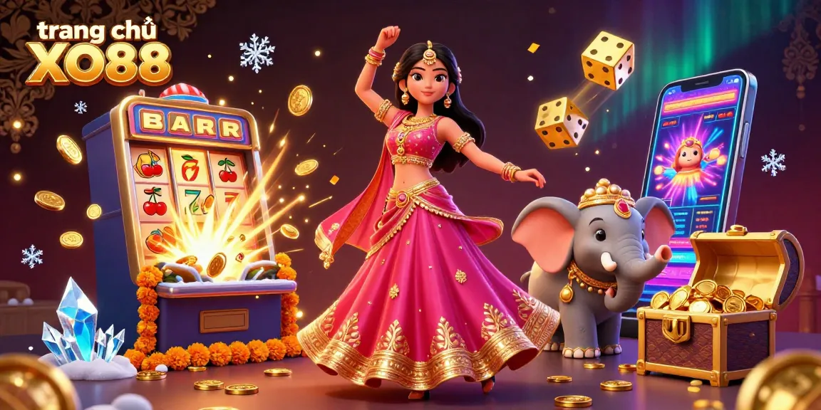 Experience thrilling gaming on trang chủ XO88 with vibrant casino elements, a beautiful character, and lively symbols.