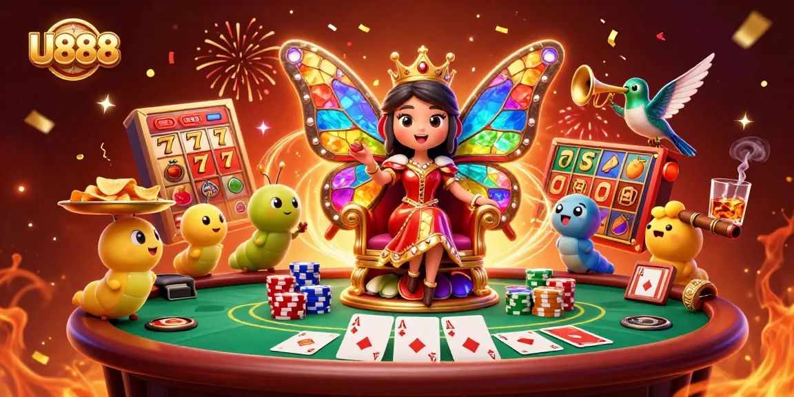 Immerse yourself in the U888 casino world with a vibrant scene of a butterfly queen among slot games and poker elements.