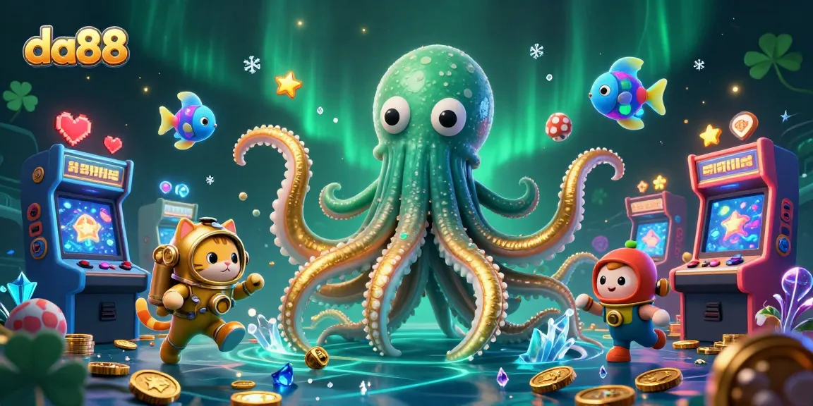 Engage in thrilling wins at da88 with an epic kraken and diving cat in a vibrant casino scene.