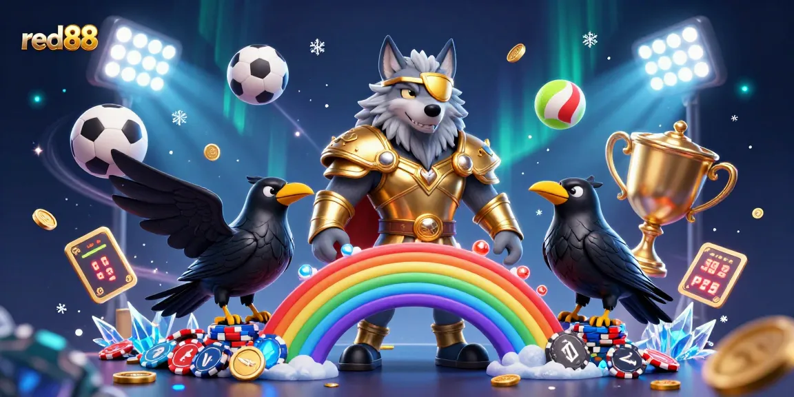 Bet on red88 featuring a mythical Norse wolf with ravens, surrounded by exciting sports elements.