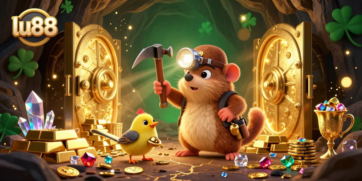 lu88 treasure hunter mole in a vibrant 3D illustration, mining gems and gold bars while showcasing exciting casino elements.