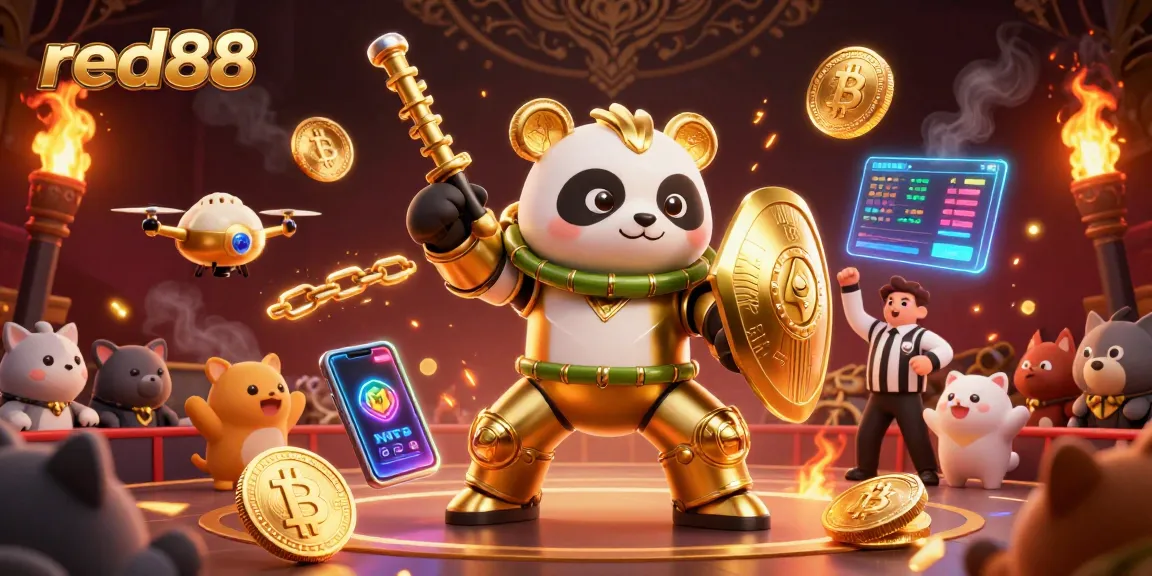 Experience exciting gameplay at red88 with a vibrant 3D casino illustration filled with crypto elements.